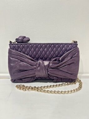 Juicy Couture‎ Purple Metallic Cowhide Leather Bow Crossbody Clutch Quilted Y2K